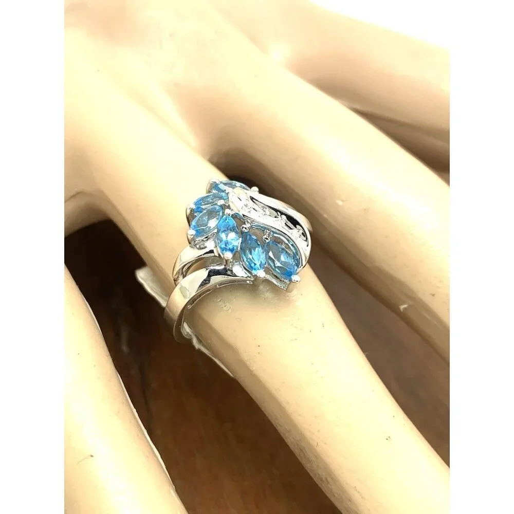 Blue Gemstone Diamond Cocktail Ring 10k White Gold Estate Jewelry Women's Size 7